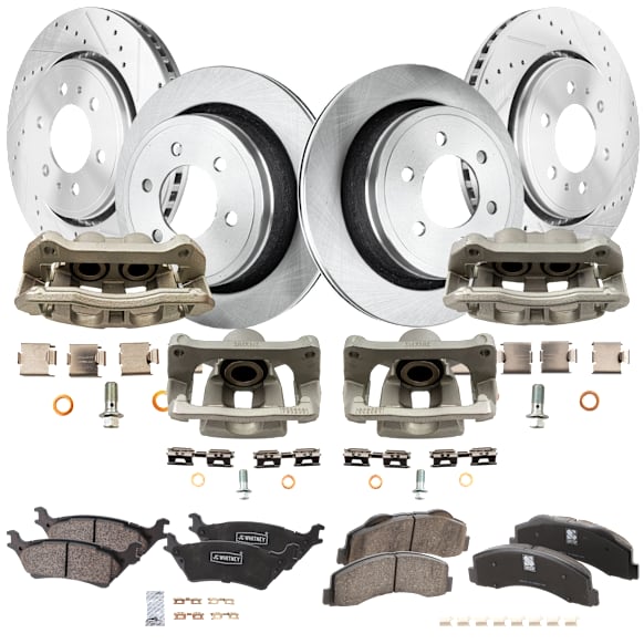 4-Wheel Set Front and Rear Brake Kit With Calipers, Front-Cross-drilled and Slotted/Rear-Plain Surface 6 Lugs Front-350.01 mm/Rear-347.98 mm Ceramic, Includes (4) Caliper, (4) Disc, and (2) Pad Set