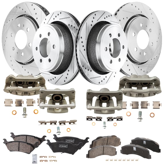 4-Wheel Set Front and Rear Brake Kit With Calipers, Cross-drilled and Slotted 6 Lugs Front-350.01 mm/Rear-348.23 mm Ceramic, Includes (4) Caliper, (4) Disc, and (2) Pad Set