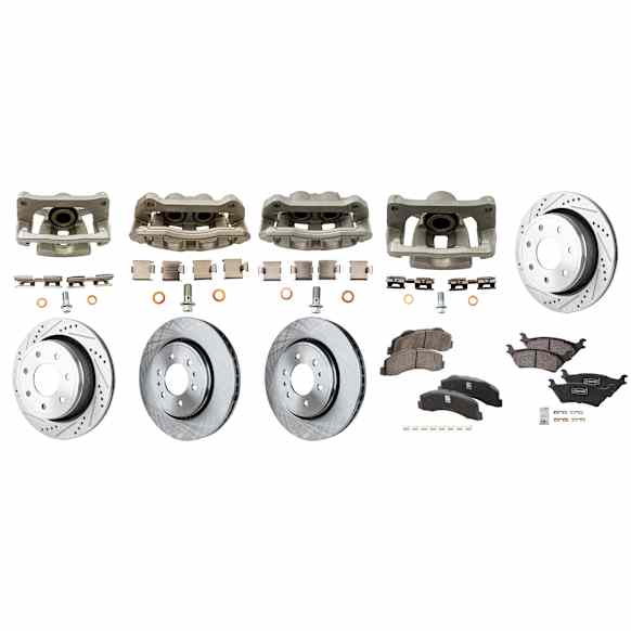 4-Wheel Set Front and Rear Brake Kit With Calipers, Front-Plain Surface/Rear-Cross-drilled and Slotted Front-350.01 mm/Rear-348.2 mm Ceramic, Includes (4) Caliper, (4) Disc, and (2) Pad Set