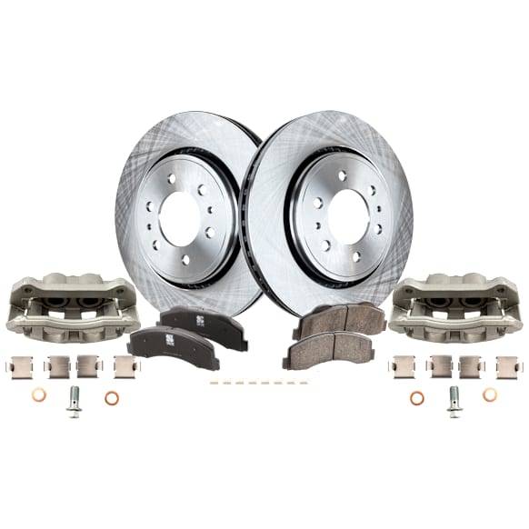 2-Wheel Set Front Brake Kit With Calipers, Plain Surface 6 Lugs 350.01 mm Ceramic, Includes (2) Brake Caliper, (2) Brake Disc and (1) Brake Pad Set
