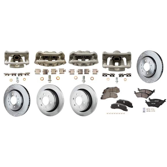 4-Wheel Set Front and Rear Brake Kit With Calipers, Plain Surface, 6 Lugs, Ceramic Pad Material, Includes (4) Caliper, (4) Disc, and (2) Pad Set