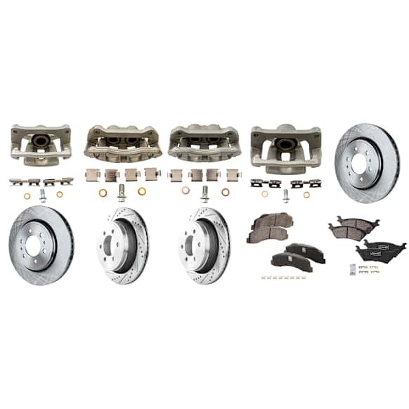 4-Wheel Set Front and Rear Brake Kit With Calipers, Front-Plain Surface/Rear-Cross-drilled and Slotted 6 Lugs Front-350.01 mm/Rear-348.23 mm Ceramic, Includes (4) Caliper, (4) Disc, and (2) Pad Set