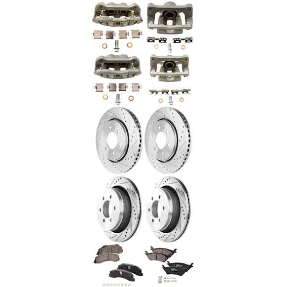 4-Wheel Set Front and Rear Brake Kit With Calipers, Cross-drilled and Slotted 6 Lugs Front-350.01 mm/Rear-348.23 mm Ceramic, Includes (4) Caliper, (4) Disc, and (2) Pad Set