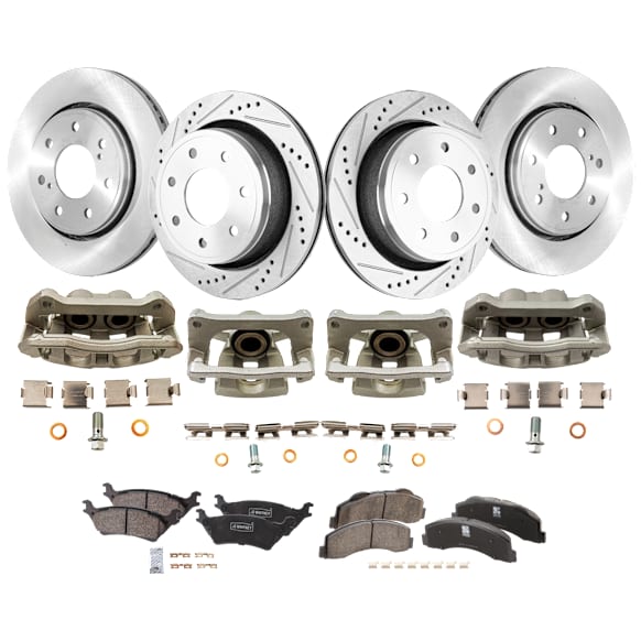 4-Wheel Set Front and Rear Brake Kit With Calipers, Front-Plain Surface/Rear-Cross-drilled and Slotted Front-350.01 mm/Rear-348.2 mm Ceramic, Includes (4) Caliper, (4) Disc, and (2) Pad Set