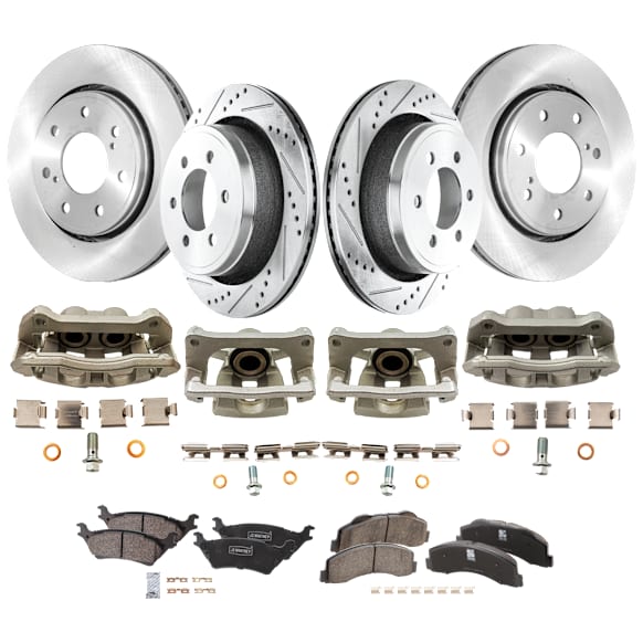 4-Wheel Set Front and Rear Brake Kit With Calipers, Front-Plain Surface/Rear-Cross-drilled and Slotted 6 Lugs Front-350.01 mm/Rear-348.23 mm Ceramic, Includes (4) Caliper, (4) Disc, and (2) Pad Set
