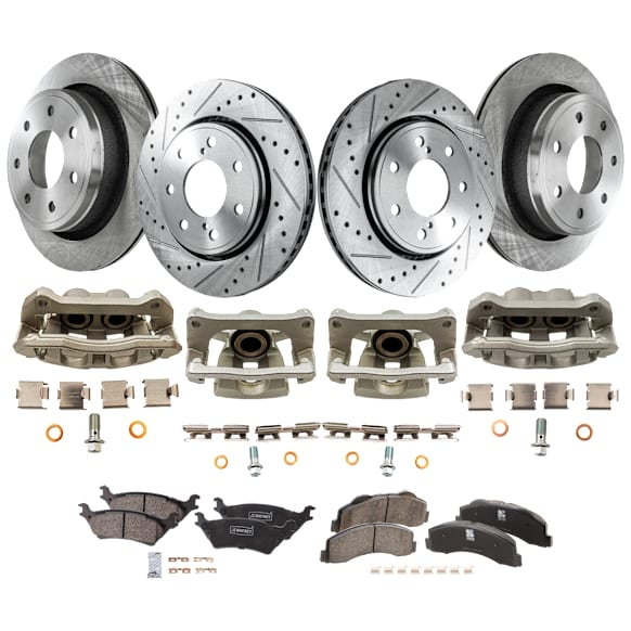 4-Wheel Set Front and Rear Brake Kit With Calipers, Front-Cross-drilled and Slotted/Rear-Plain Surface Front-350 mm/Rear-347.98 mm Ceramic, Includes (4) Caliper, (4) Disc, and (2) Pad Set