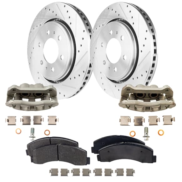 2-Wheel Set Front Brake Kit With Calipers, Cross-drilled and Slotted 6 Lugs 350.01 mm Semi-metallic, Includes (2) Brake Caliper, (2) Brake Disc and (1) Brake Pad Set