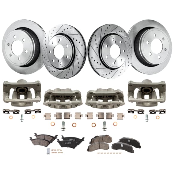 4-Wheel Set Front and Rear Brake Kit With Calipers, Front-Cross-drilled and Slotted/Rear-Plain Surface 6 Lugs Front-350 mm/Rear-347.98 mm Ceramic, Includes (4) Caliper, (4) Disc, and (2) Pad Set