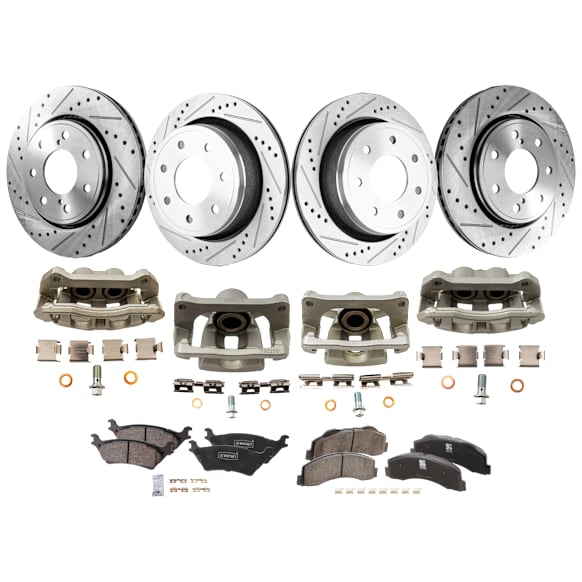 4-Wheel Set Front and Rear Brake Kit With Calipers, Cross-drilled and Slotted, 7 Lugs, Ceramic Pad Material, Includes (4) Caliper, (4) Disc, and (2) Pad Set