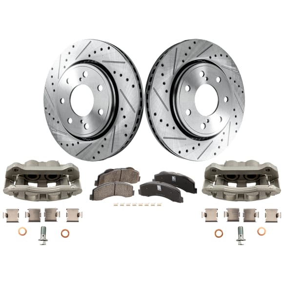 2-Wheel Set Front Brake Kit With Calipers, Cross-drilled and Slotted 350 mm Ceramic, Includes (2) Brake Caliper, (2) Brake Disc and (1) Brake Pad Set