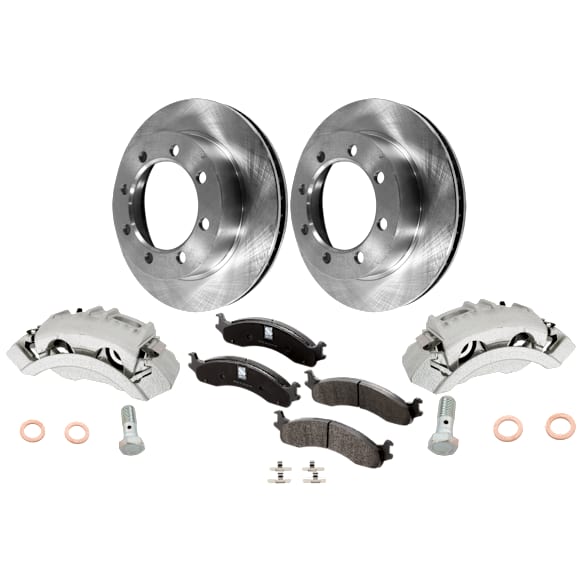 2-Wheel Set Front Brake Kit With Calipers, Plain Surface 8 Lugs 329.18 mm Semi-metallic 4WD, Includes (2) Brake Caliper, (2) Brake Disc and (1) Brake Pad Set