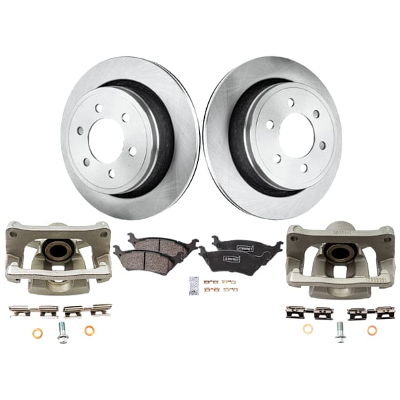 2-Wheel Set Rear Brake Kit With Calipers, Plain Surface 6 Lugs 347.98 mm Ceramic, Includes (2) Caliper, (2) Disc, and (1) Pad Set