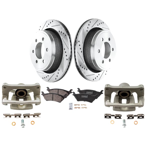 2-Wheel Set Rear Brake Kit With Calipers, Cross-drilled and Slotted 6 Lugs 348.23 mm Ceramic, Includes (2) Caliper, (2) Disc, and (1) Pad Set