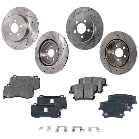 4-Wheel Set Front and Rear Brake Disc and Pad Kit, Cross-drilled and Slotted Front-344.93 mm/Rear-320.04 mm Front-Semi-Metallic/Rear-Ceramic AWD Pro-Line Series, Includes (2) Pad Set and (4) Disc