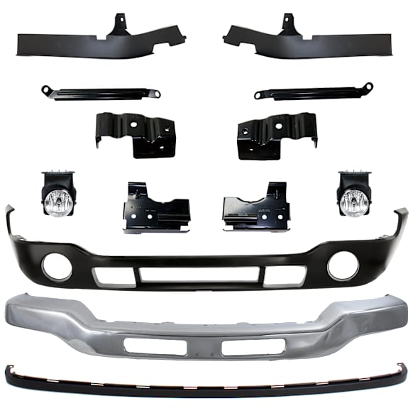 13-Piece Kit, Front Bumper, Chrome, Includes (1) Bumper, (6) Bumper Bracket, (1) Bumper Cover, (2) Bumper Trim, (2) Fog Light, and (1) Valance