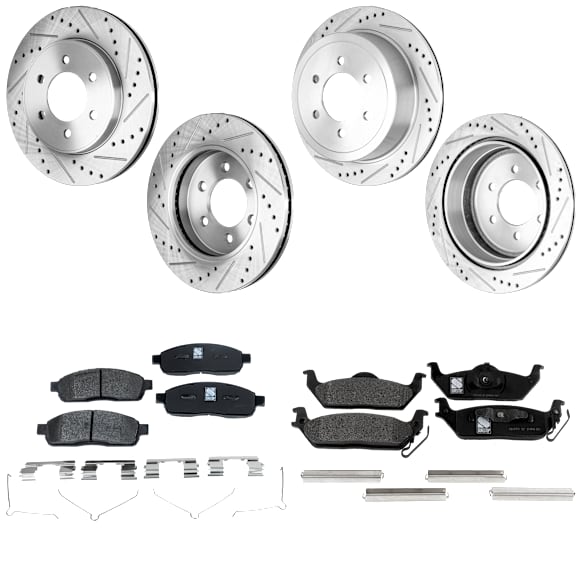 4-Wheel Set Front and Rear Brake Disc and Pad Kit, Cross-drilled and Slotted 6 Lugs Front-329.95 mm/Rear-347.98 mm Front-Ceramic/Rear-Semi-Metallic Pro-Line Series, Includes (2) Pad Set and (4) Disc