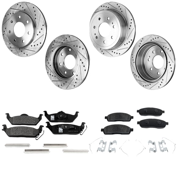 4-Wheel Set Front and Rear Brake Disc and Pad Kit, Cross-drilled and Slotted 7 Lugs Front-329.95 mm/Rear-348 mm Semi-metallic Pro-Line Series, Includes (4) Brake Disc and (2) Brake Pad Set