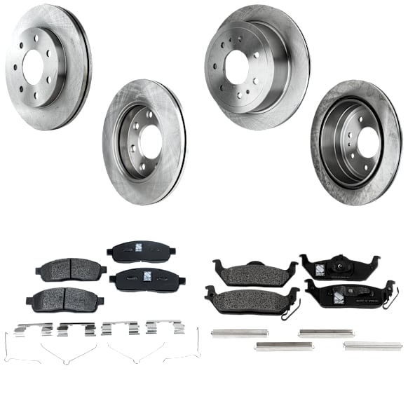 4-Wheel Set Brake Disc and Pad Kit, Plain Surface 7 Lugs Front-329.95 mm/Rear-347.98 mm Front-Ceramic/Rear-Semi-Metallic Pro-Line Series, Includes (4) Brake Disc and (2) Brake Pad Set