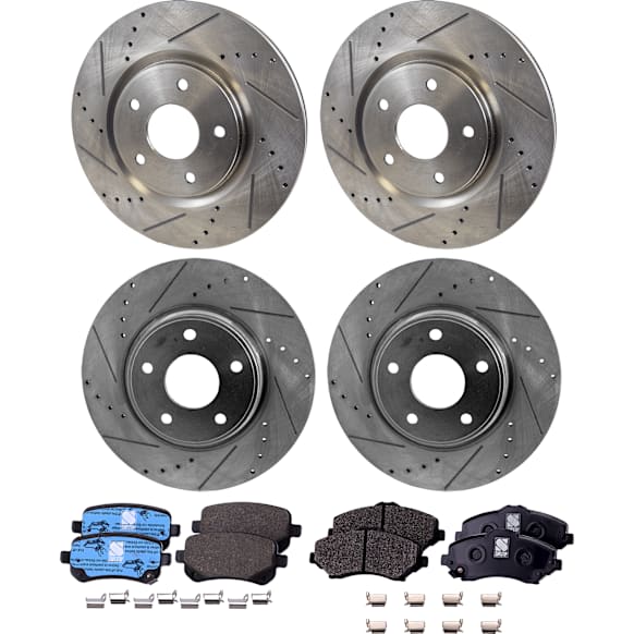 4-Wheel Set Front and Rear Brake Disc and Pad Kit, Cross-drilled and Slotted Front-329.95 mm/Rear-327.91 mm Pro-Line Series, Includes (4) Disc and (2) Pad Set
