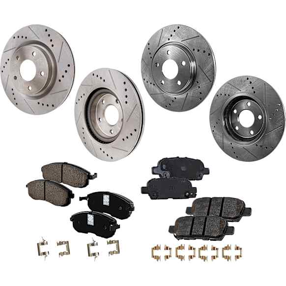 4-Wheel Set Front and Rear Brake Disc and Pad Kit, Cross-drilled and Slotted, Ceramic, Pro-Line Series