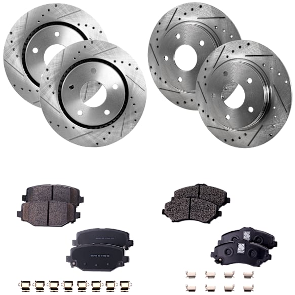 4-Wheel Set Front and Rear Brake Disc and Pad Kit, Cross-drilled and Slotted 5 Lugs Front-302 mm/Rear-305 mm Front-Semi-Metallic/Rear-Ceramic Pro-Line Series, Includes (4) Disc and (2) Pad Set