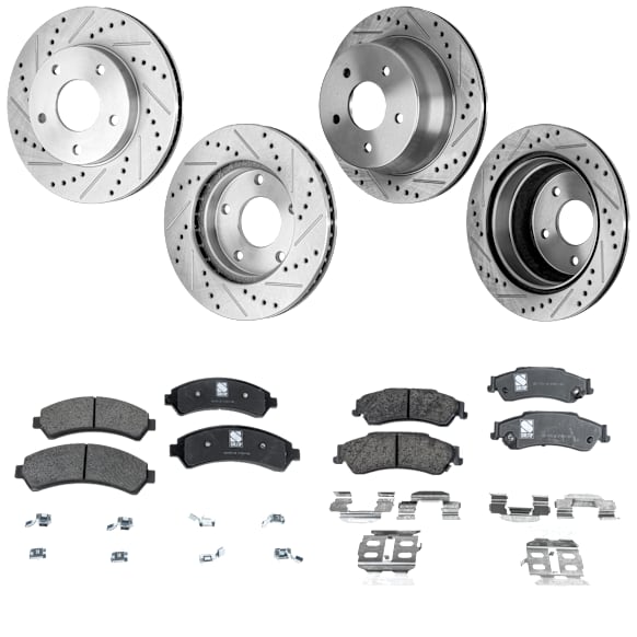 4-Wheel Set Front and Rear Brake Disc and Pad Kit, Cross-drilled and Slotted, 5 Lugs, Ceramic, Pro-Line Series , includes (4) Brake Disc and (2) Brake Pad Set