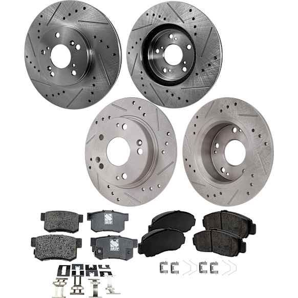 2006 Acura TSX - 4-Wheel Set Front and Rear Brake Disc and Pad Kit, Cross-drilled and Slotted, 5 Lugs, Front-299.97 mm/Rear-259.7 mm, Ceramic, Enginedesignationname: K24A2, Naturally Aspirated, GAS, 260 mm Rotor Diameter, 2.4L 4Cyl, Pro-Line Series