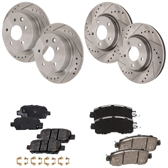 4-Wheel Set Front and Rear Brake Disc and Pad Kit, Cross-drilled and Slotted Front-296 mm/Rear-291.4 mm Ceramic Pro-Line Series, Includes (4) Disc and (2) Pad Set