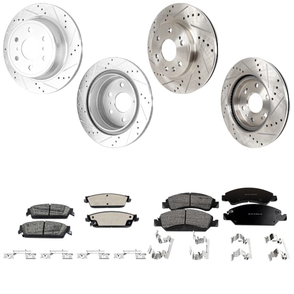 4-Wheel Set Front and Rear Brake Disc and Pad Kit, Cross-drilled and Slotted 6 Lugs Front-329.95 mm/Rear-344.93 mm Ceramic Pro-Line Series, Includes (2) Brake Pad Set and (4) Brake Disc