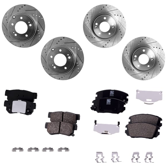 4-Wheel Set Front and Rear Brake Disc and Pad Kit, Cross-drilled and Slotted 5 Lugs Front-300 mm/Rear-282.96 mm Ceramic Pro-Line Series, Includes (4) Disc and (2) Pad Set