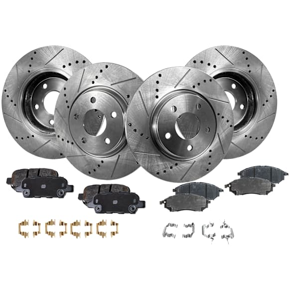 4-Wheel Set Front and Rear Brake Disc and Pad Kit, Cross-drilled and Slotted 5 Lugs Front-319.5 mm/Rear-307.8 mm Ceramic Pro-Line Series, Includes (2) Brake Pad Set and (4) Brake Disc