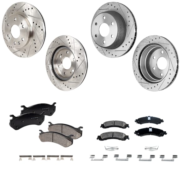 4-Wheel Set Front and Rear Brake Disc and Pad Kit, Cross-drilled and Slotted 6 Lugs Front-305.05 mm/Rear-329.69 mm Ceramic Pro-Line Series, Includes (4) Disc and (2) Pad Set