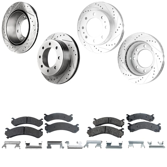 4-Wheel Set Front and Rear Brake Disc and Pad Kit, Cross-drilled and Slotted Front-325 mm/Rear-329.95 mm Pro-Line Series, Includes (2) Brake Pad Set and (4) Brake Disc