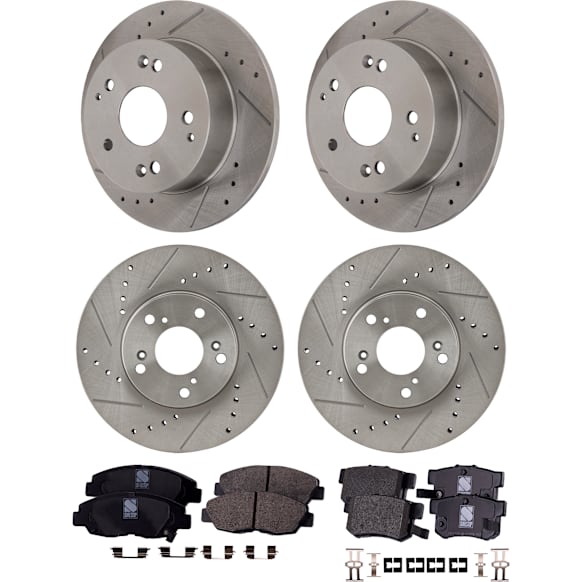 4-Wheel Set Front and Rear Brake Disc and Pad Kit, Cross-drilled and Slotted 5 Lugs Front-281.94 mm/Rear-259.59 mm Ceramic Pro-Line Series, Includes (2) Brake Pad Set and (4) Brake Disc