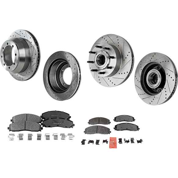 4-Wheel Set Front and Rear Brake Disc and Pad Kit, Cross-drilled and Slotted Front and Rear-363 mm RWD Pro-Line Series, Includes (4) Disc and (2) Pad Set