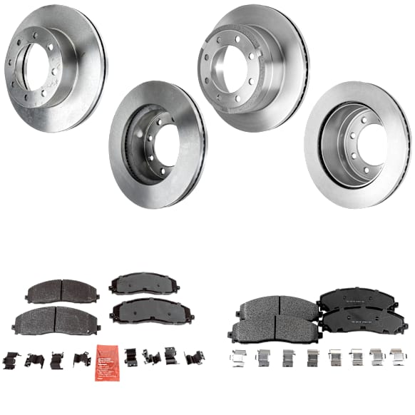 Front and Rear Brake Disc and Pad Kit, Natural Finish, Plain Surface, 8 Lugs, Front-363 mm/Rear-362.97 mm, Semi-metallic, 4WD