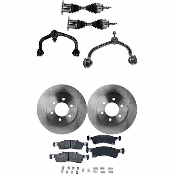 7-Piece Kit Front, Driver and Passenger Side Axle Assembly - New 7-Piece Kit 4WD, Includes (2) Brake Disc, (1) Brake Pad Set, (2) Control Arm and (2) Axle Assembly