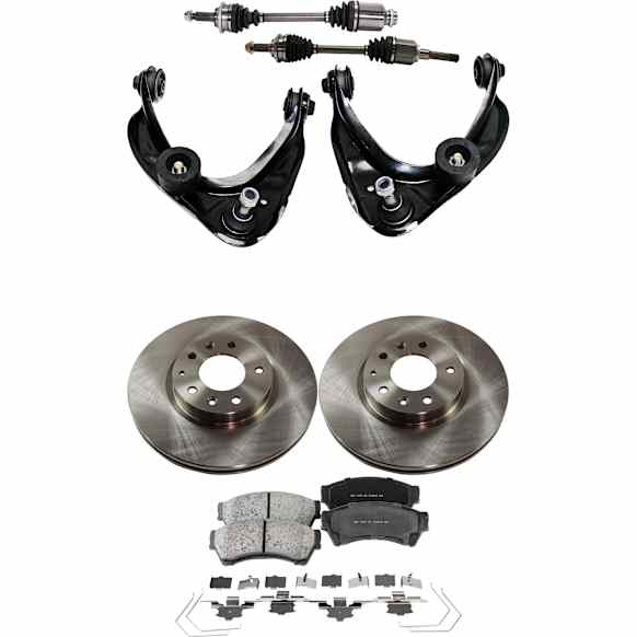 7-Piece Kit Front, Driver and Passenger Side Axle Assembly - New 7-Piece Kit, 2.5L, 4Cyl, Includes (2) Brake Disc, (1) Brake Pad Set, (2) Control Arm and (2) Axle Assembly