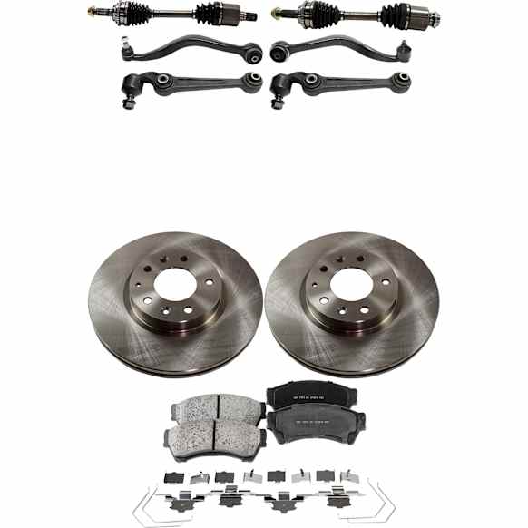 9-Piece Kit Front, Driver and Passenger Side Axle Assembly - New 9-Piece Kit, 3.0L, 6Cyl, Includes (2) Brake Disc, (1) Brake Pad Set, (4) Control Arm and (2) Axle Assembly