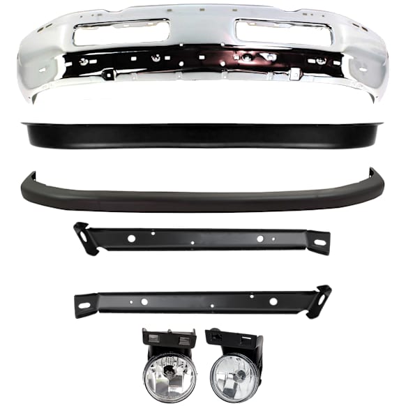 7-Piece Kit, Front Bumper, Chrome, Includes (1) Bumper, (2) Bumper Bracket, (2) Bumper Cover, and (2) Fog Light