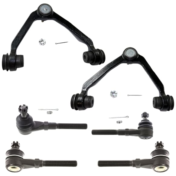 6-Piece Kit Front, Driver and Passenger Side, Upper, Inner and Outer Control Arm, includes (2) Control Arm and (4) Tie Rod End