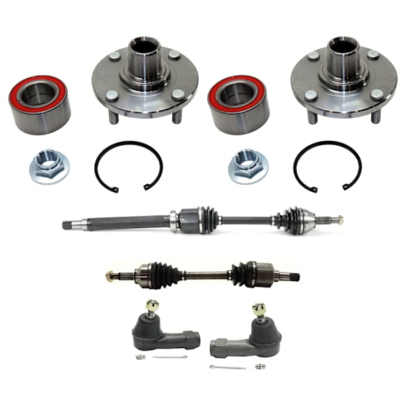 6-Piece Kit Front, Driver and Passenger Side Axle Assembly, includes (2) Axle Assembly, (2) Tie Rod End, and (2) Wheel Hub
