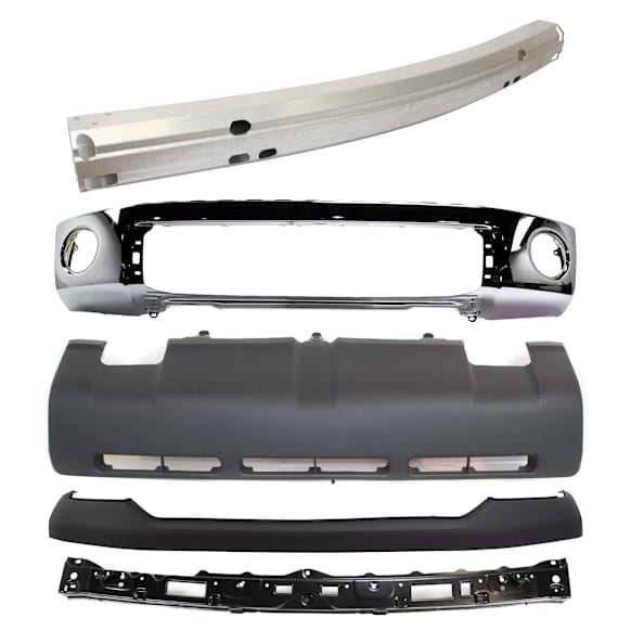 5-Piece Kit, Front Bumper, Chrome, Includes (1) Bumper, (1) Bumper Cover, (1) Bumper Reinforcement, (1) Bumper Retainer, and (1) Valance