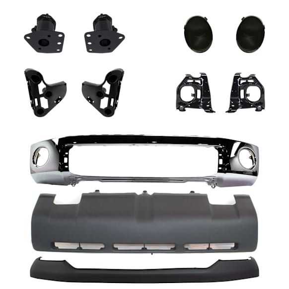 11-Piece Kit, Front Bumper, Chrome, Includes (1) Bumper, (6) Bumper Bracket, (1) Bumper Cover, (2) Fog Light Cover, and (1) Valance