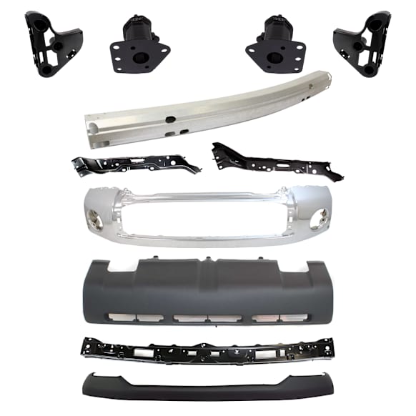 11-Piece Kit, Front, Driver and Passenger Side Bumper, For Models w/ Steel Bumper, Includes (1) Bumper, (4) Bumper Bracket, (1) Bumper Cover, (1) Bumper Reinforcement, (3) Bumper Retainer, (1) Valance