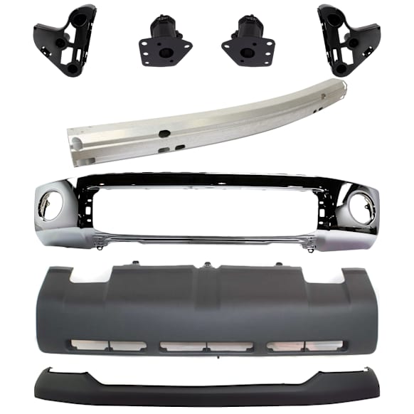 8-Piece Kit, Front Bumper, Chrome, Includes (1) Bumper, (4) Bumper Bracket, (1) Bumper Cover, (1) Bumper Reinforcement, and (1) Valance