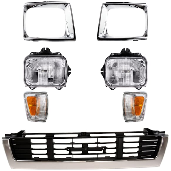 7-Piece Kit Driver and Passenger Side, Center Halogen Headlight, With NAL Brand Lamps Model, Includes (2) Corner Light, (1) Grille Assembly, (2) Headlight, and (2) Headlight Door