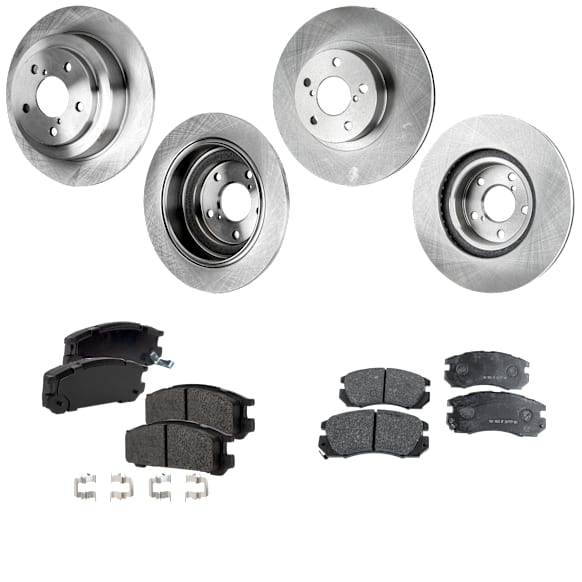 4-Wheel Set Front and Rear Brake Disc and Pad Kit, Plain Surface 5 Lugs Front-276.86 mm/Rear-265.43 mm Front-Organic/Rear-Semi-Metallic Pro-Line Series, Includes (2) Brake Pad Set and (4) Brake Disc