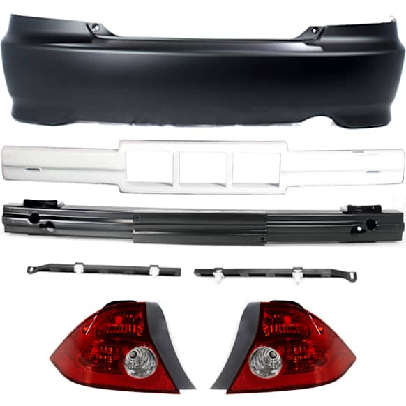 7-Piece Kit, Rear Primed Bumper Cover, Coupe, Includes (1) Bumper Absorber, (2) Bumper Bracket, (1) Bumper Cover, (1) Bumper Reinforcement, and (2) Tail Light