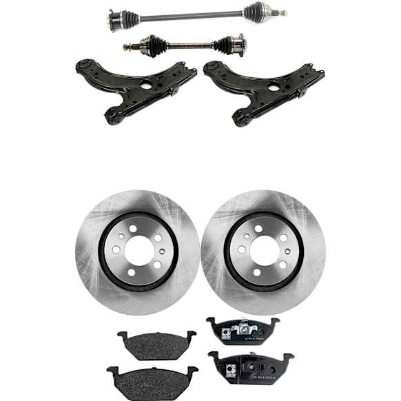 8-Piece Kit Front, Driver and Passenger Side Axle Assemblies with Brake Discs, Brake Pad Set, and Control Arms, FWD, Automatic Transmission